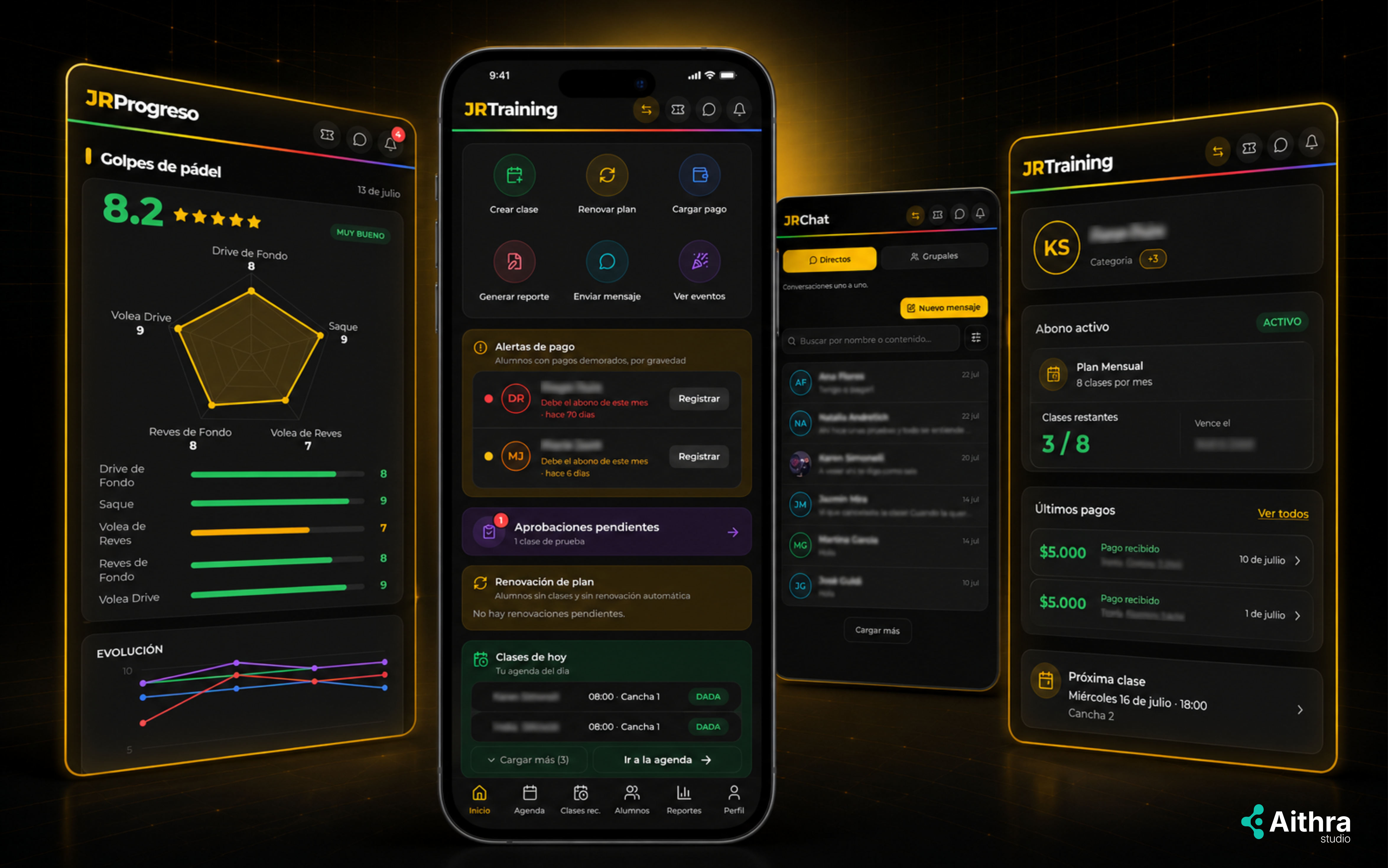 Panel de CoachPilot: agenda de clases, fichas de alumnos, control de abonos y tablero de ingresos de una academia deportiva
